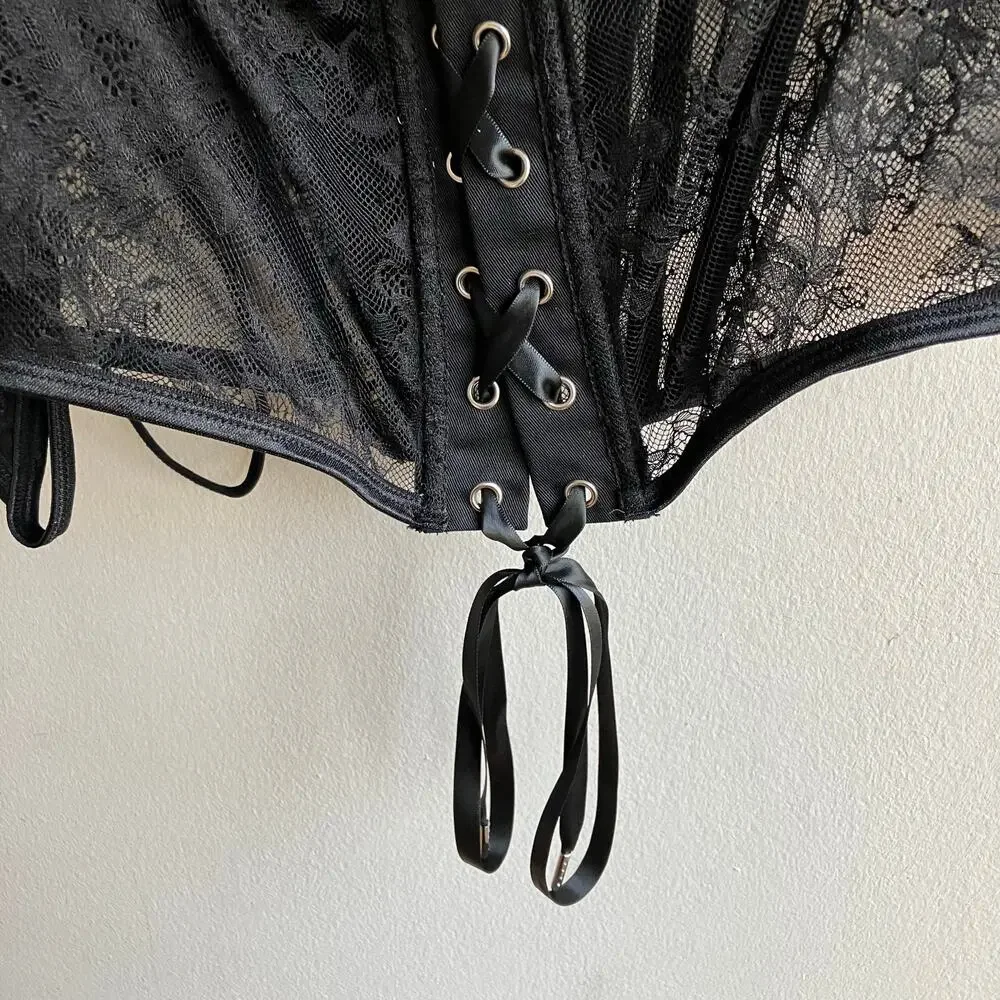 Fantasy Lingerie Lace Corset Size 2XL Black Sheer Mesh Bustier Lace Up Overbust